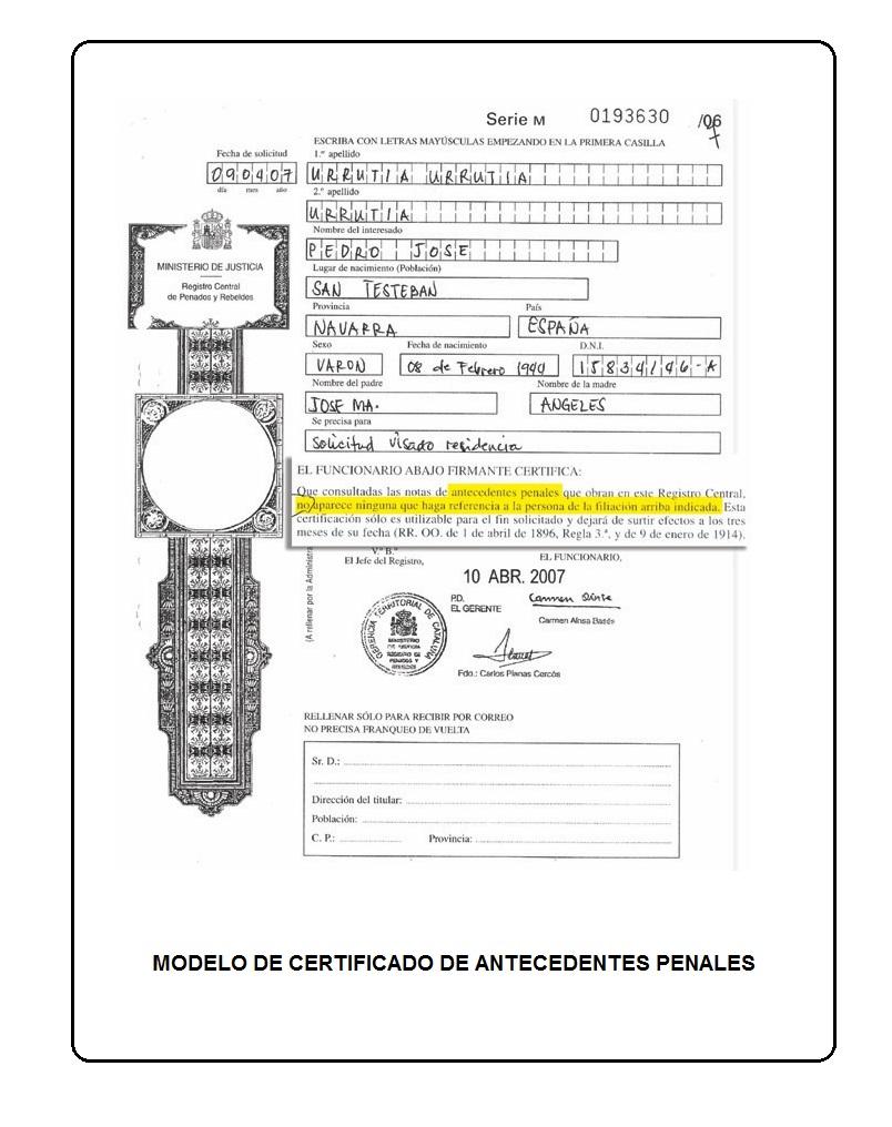 Modelo De Certificado De Antecedentes Penales