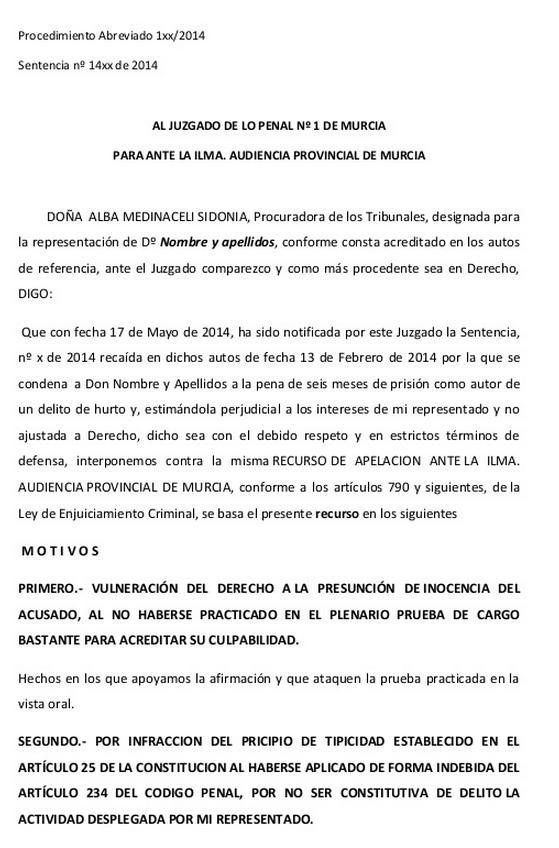 Modelo carta apelacion :