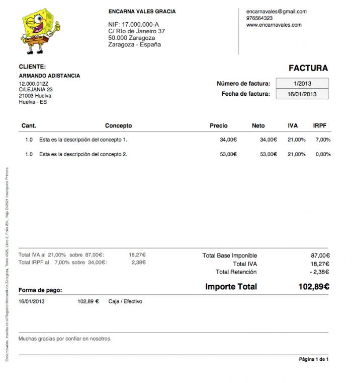 Calificación total Artesano Modelo factura autónomo :