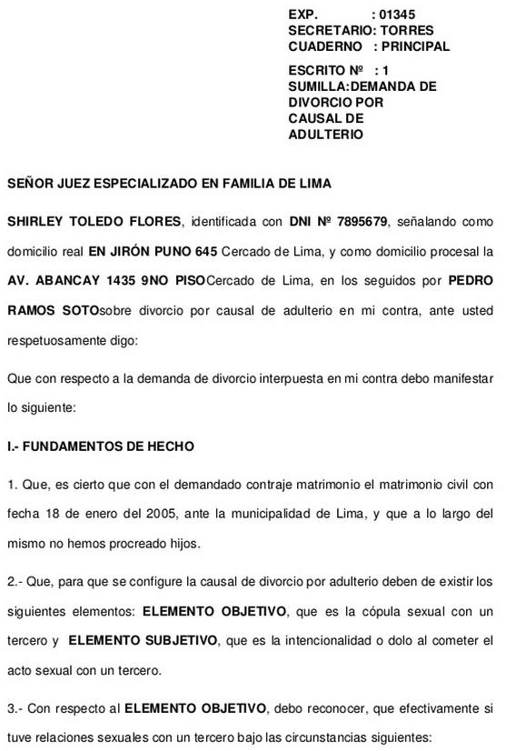 Modelo de demanda de divorcio por relaciones extramatrimoniales