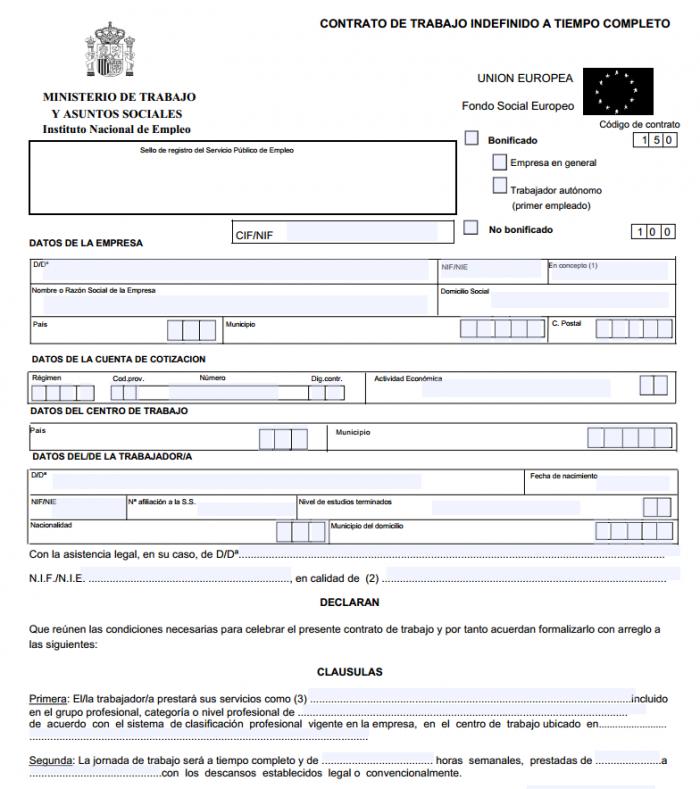 Modelo de contrato de trabajo indefinido a tiempo completo