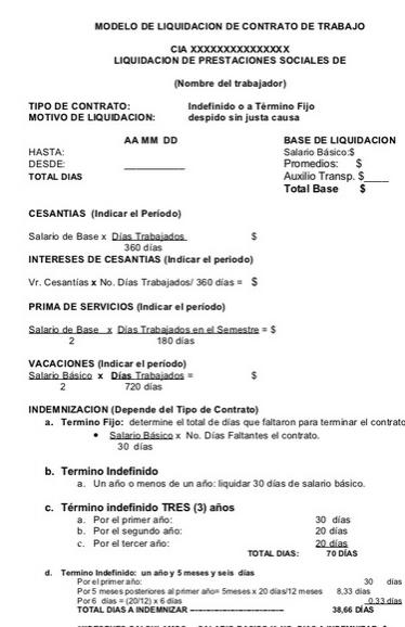 Modelo de liquidación de contrato de trabajo :