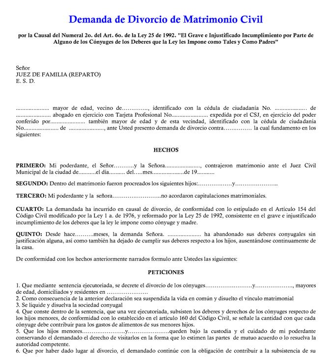 Modelo de demanda de divorcio por abandono del hogar :