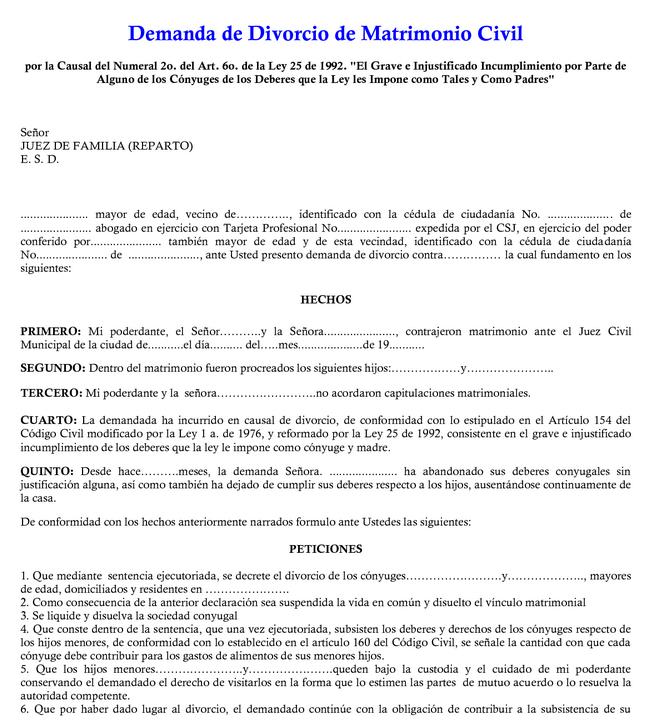 Modelo de demanda de divorcio en república dominicana