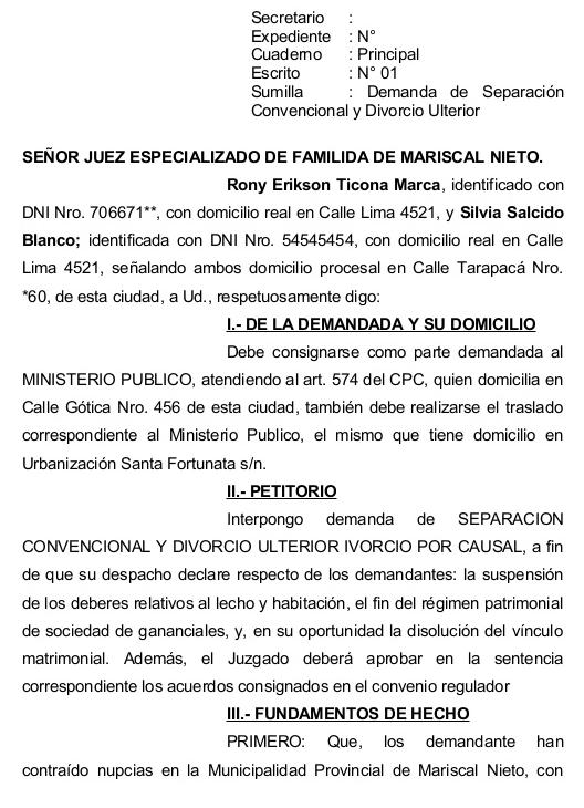 Modelo de demanda de divorcio en perú :