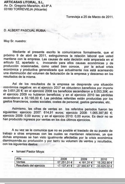 Modelo de carta de despido por causas economicas :