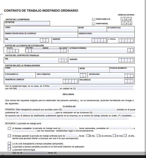 Modelo de contrato de trabajo indefinido ordinario