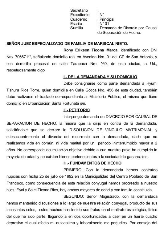 Modelo de demanda de divorcio de mutuo acuerdo con hijos mayores de edad :