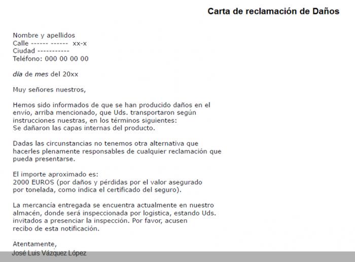 Modelo de carta de reclamacion :