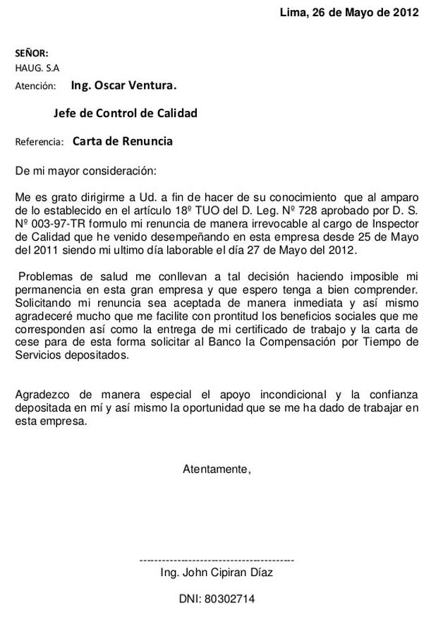 Modelo carta renuncia irrevocable :