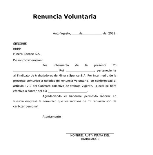 Modelo de carta de renuncia voluntaria :