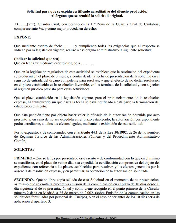 Modelo de solicitud de certificado de silencio administrativo