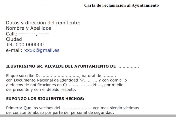 Modelo de cartade reclamacion al ayuntamiento :