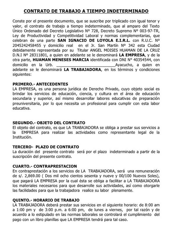 Modelo de contrato de trabajo a plazo indeterminado :