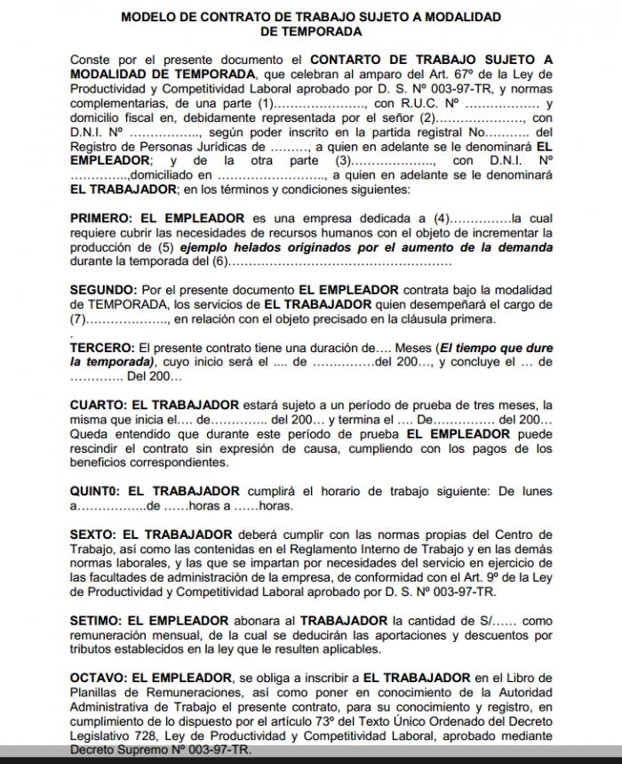 Modelo de contrato de trabajo sujeto a modalidad de temporada :