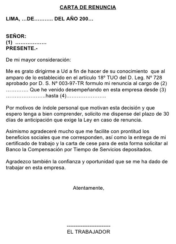 Modelo carta renuncia irrevocable :