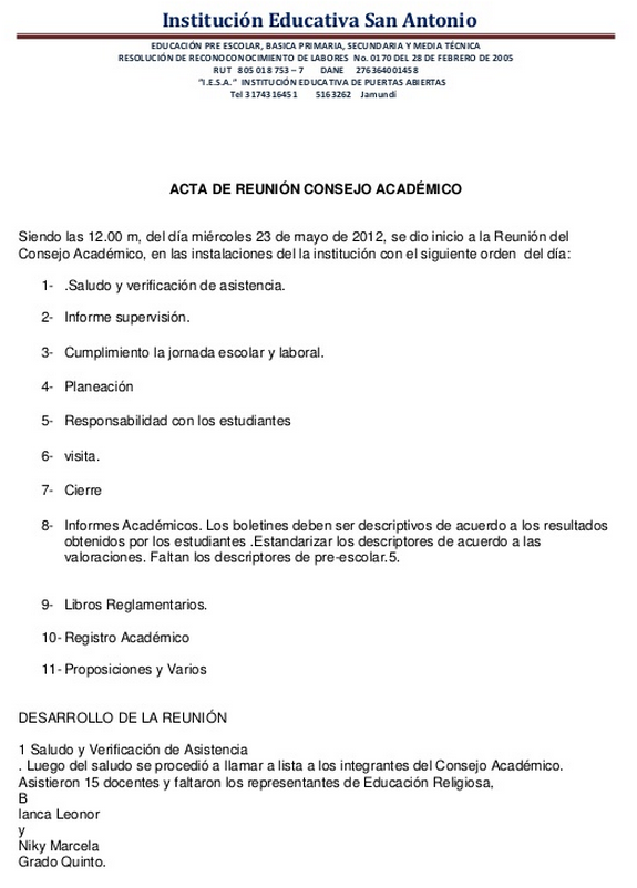 Modelo de acta 2012