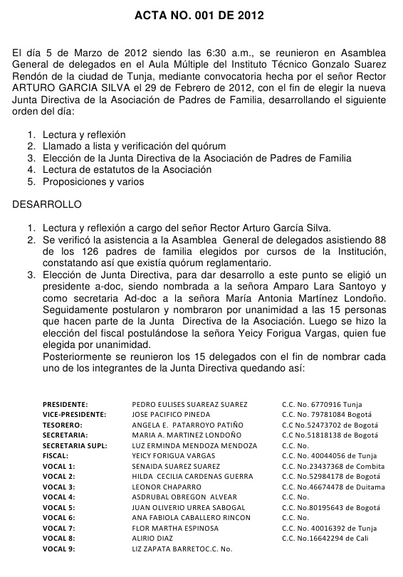 Modelo de acta 2012
