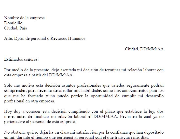 Modelo de carta de baja laboral
