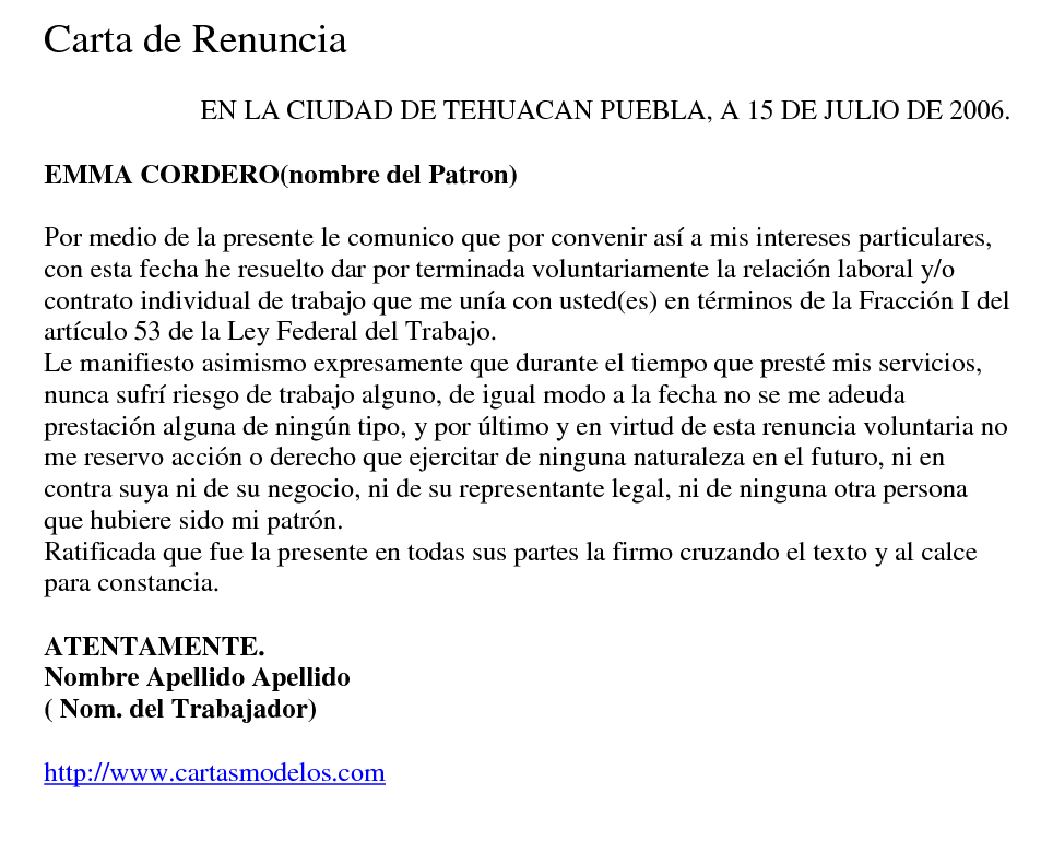 Ejemplo de carta de renuncia