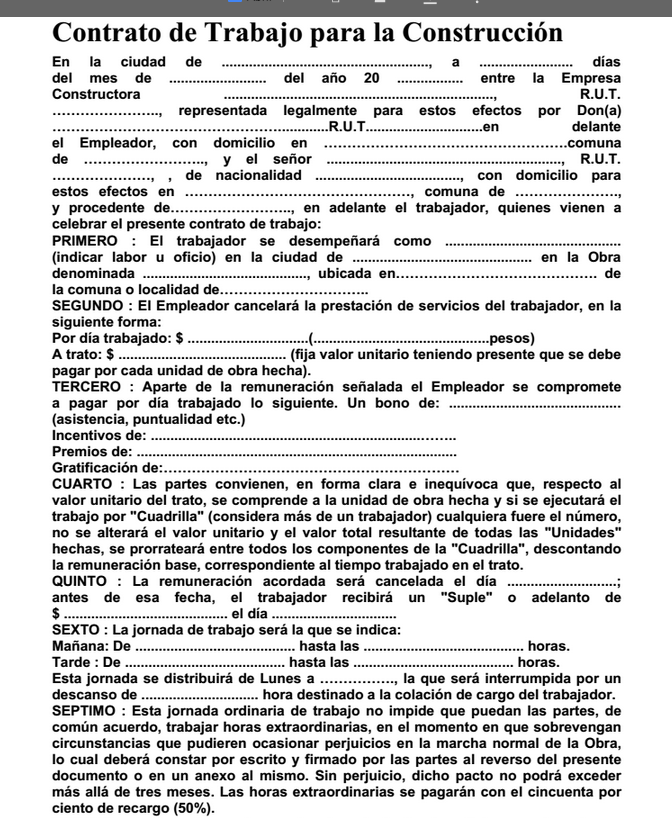 Modelo de contrato de trabajo construcción