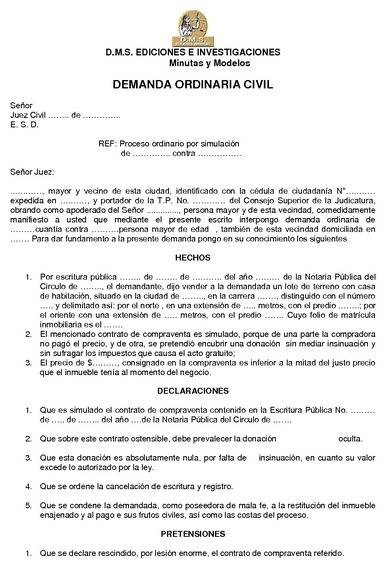 Modelo de demanda de juicio ordinario