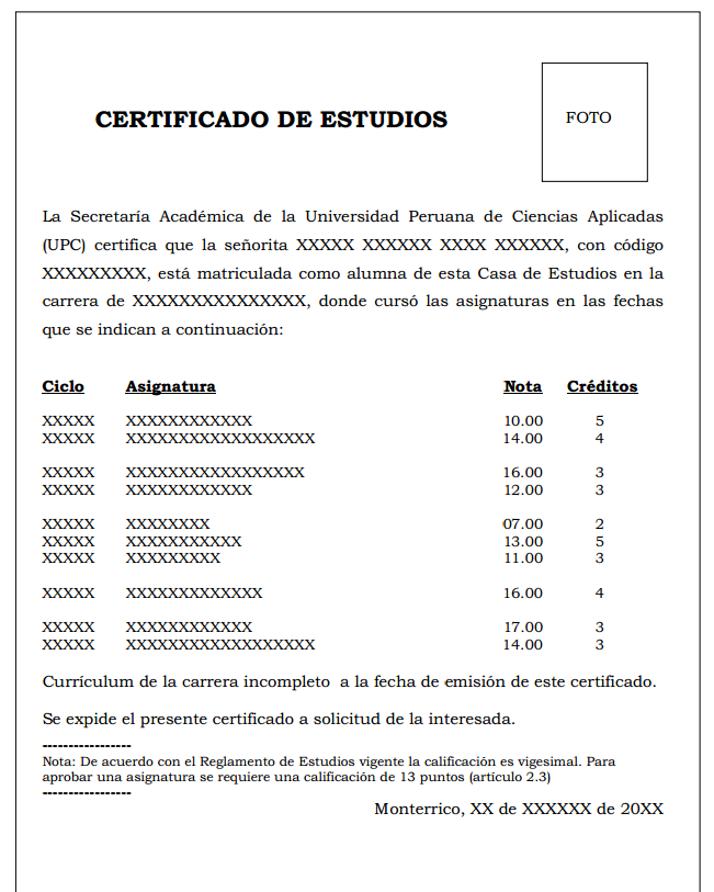 Modelo de certificado de estudios superiores per