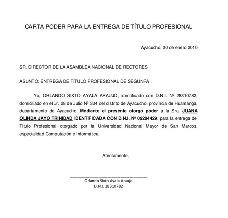 Ejemplo de carta de poder