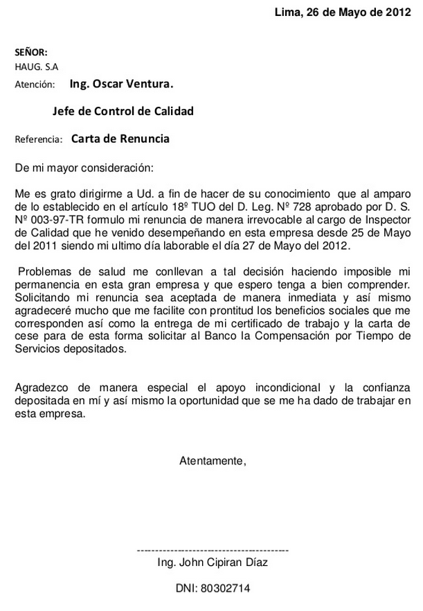 Modelos de cartas de Renuncia