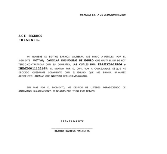 Modelo de carta de baja de seguro