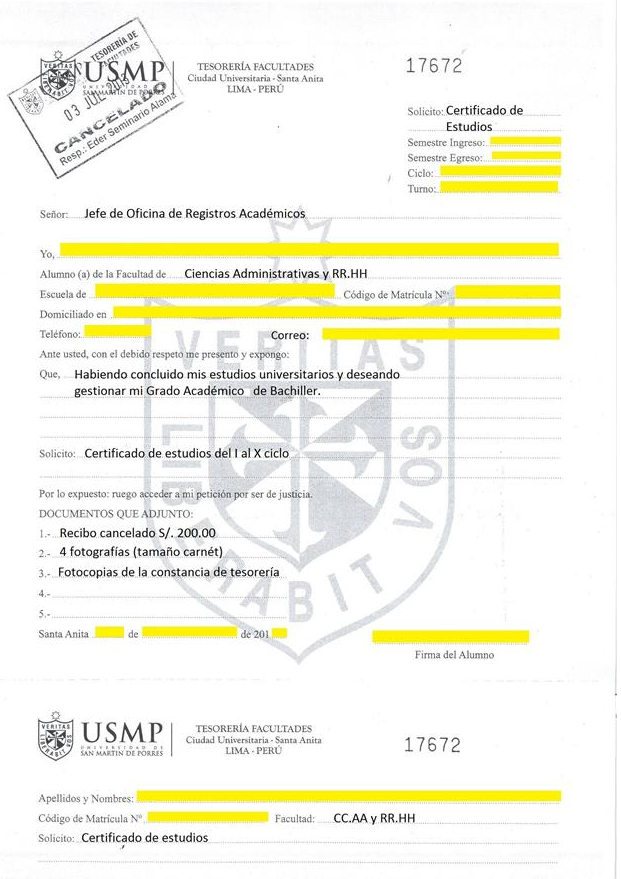 Modelo de solicitud de certificado de estudios de universidad