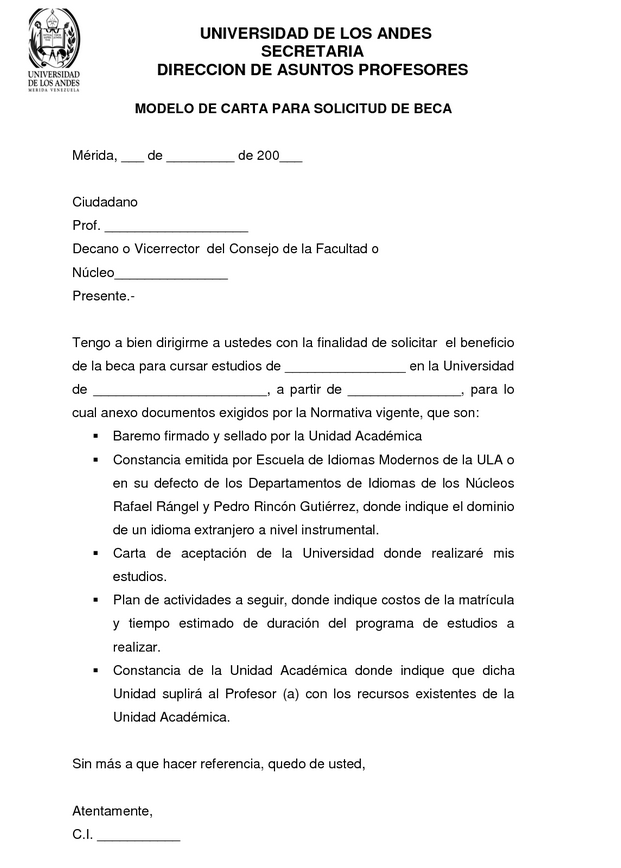 Modelo de carta de solicitud de beca
