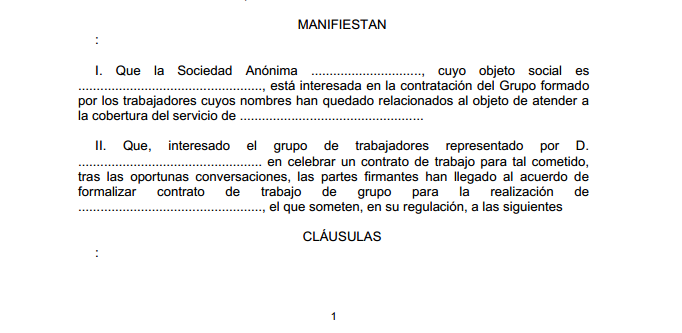 Modelo de contrato de trabajo en grupo