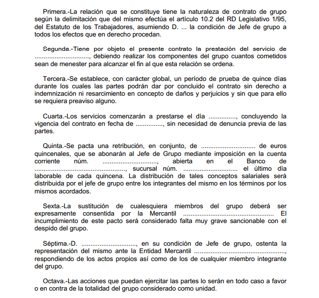 Modelo de contrato de trabajo en grupo