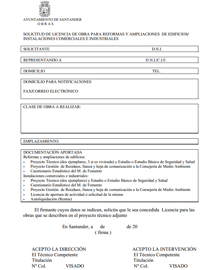 Modelo de solicitud de licencia de reformas
