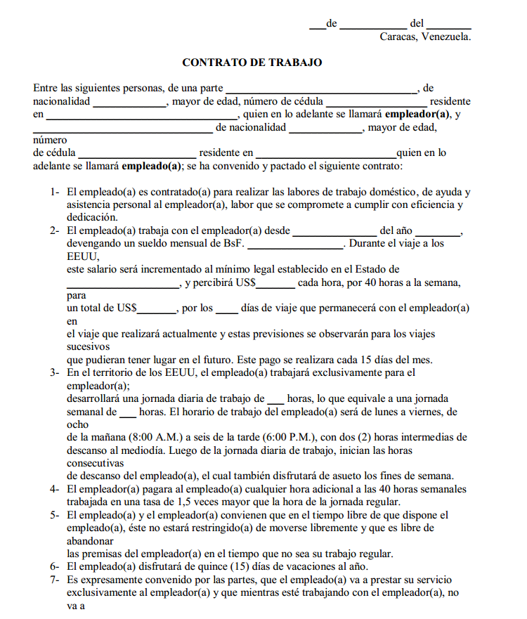 Modelo de contrato de trabajo en venezuela